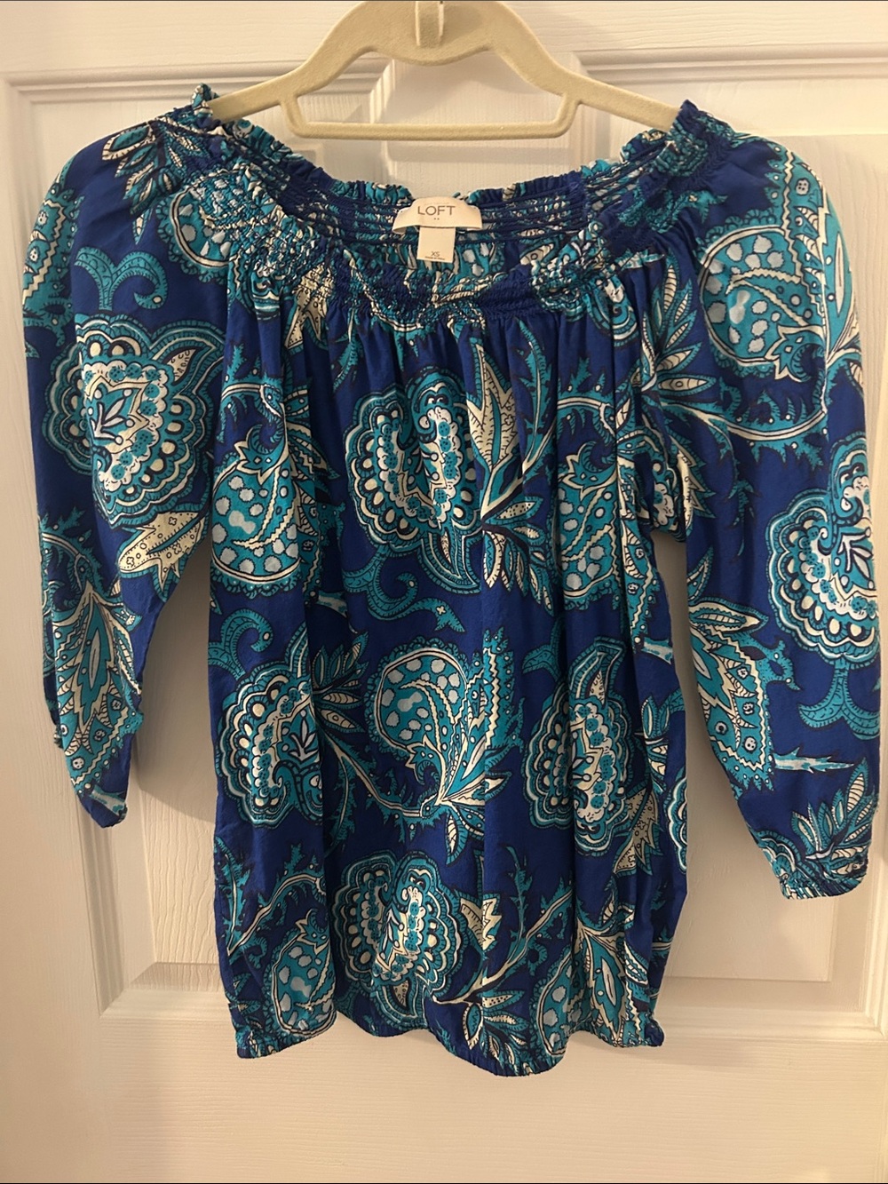 LOFT Blue Paisley Off-Shoulder Blouse with Aqua Accents